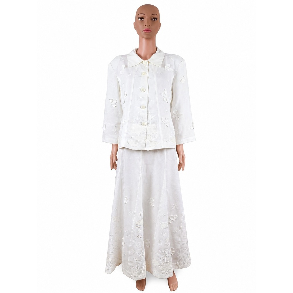 J Song Collection 100% Linen 2 Piece Set Sz 18 Embroidered Butterfly Maxi Skirt